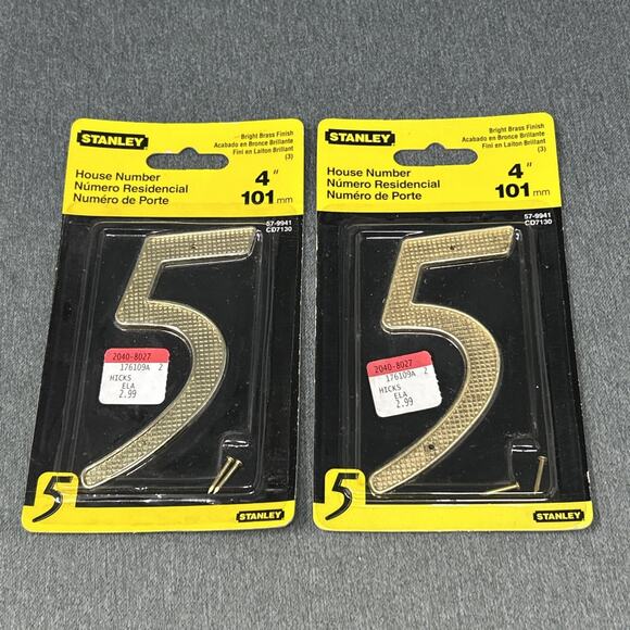 Vintage Stanley House Number 5 Brass Finish 4" Metal Sign NOS Packaged 2002 USA - Picture 4 of 5